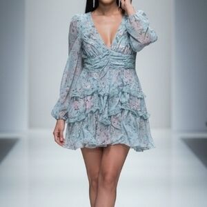 XL Mint Green Floral Chiffon Dress Zip Up Back So Cute